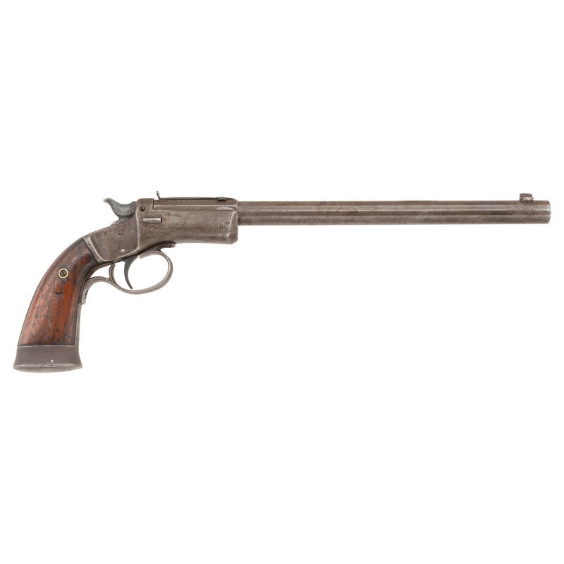 **J. Stevens Off-Hand Target No. 35 Pistol: **J. Stevens Off-Hand Target No. 35 Pistol .22 LR. 10" barrel length. SN: 45266. Blued metal finish with varnished walnut grips and some tarnish to frame. Single shot break-action target pistol mounti