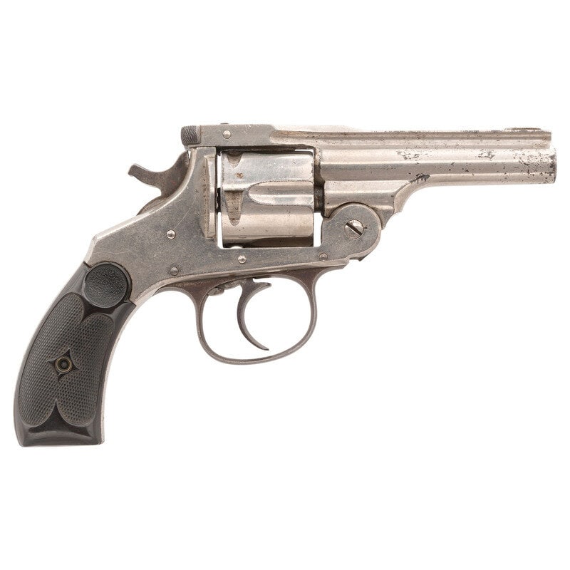 **Thames Arms Co. .38 Caliber Top Break Revolver: **Thames Arms Co. .38 Caliber Top Break Revolver .38 Cal. 3.125" barrel length. SN: 75329. Nickel plated finish with blued small parts, casehardened hammer, and checkered hardrubber grips. Double acti