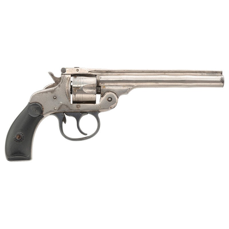 **Harrington & Richardson Top Break .32 Revolver: **Harrington & Richardson Top Break .32 Revolver .32 S&W. 5" barrel length. SN: 375098. Nickel plated finish with blued small parts mounting checkered hardrubber grips with H&R Target logo
