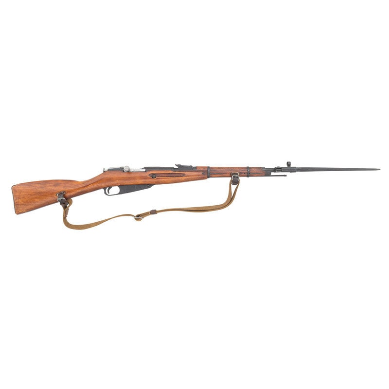 **Izhmash Mosin-Nagant M44 Carbine: **Izhmash Mosin-Nagant M44 Carbine World War II 7.62x54mmR. 20.2" barrel length. SN: 30298. Blued metal finish with polished bolt mounting lacquered birchwood stock and sidefolding cruciform spike bay