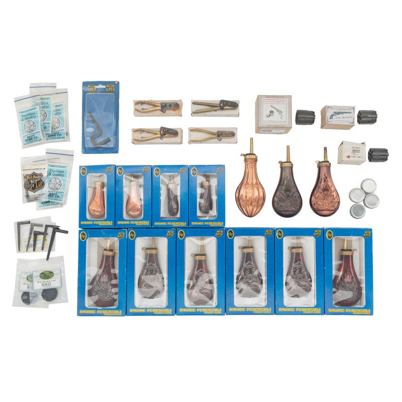 Lot of Reproduction Powder Flasks and Black Powder Tools (1 of 1)