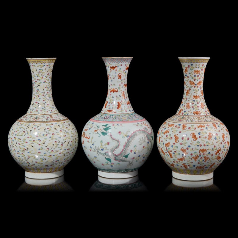 Three Chinese Famille Rose Enameled Porcelain Vases 粉彩瓷瓶三件 (1 of 3)