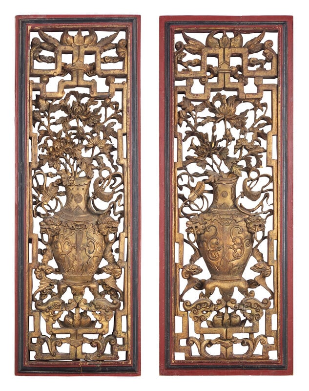 A Pair of Chinese Carved and Lacquered Wood Openwork Panels, Qing Dynasty 清 木雕&: A Pair of Chinese Carved and Lacquered Wood Openwork Panels, Qing Dynasty 清 木雕花卉圖掛屏一對 Qing Dynasty (1644-1911)