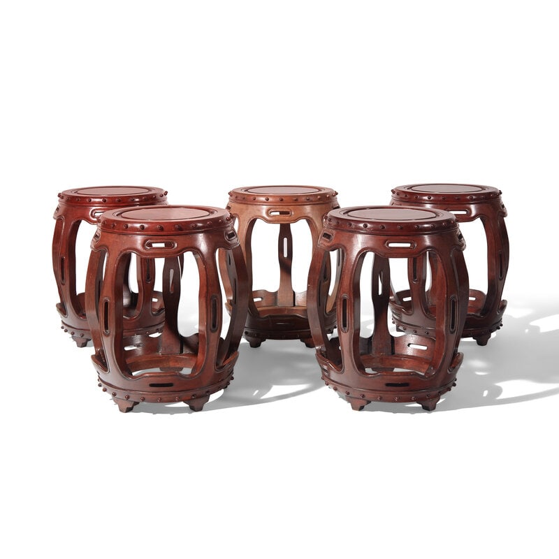 Five Chinese Hardwood Barrel-Form Stools, 20th Century 近代 硬木坐 (1 of 3)