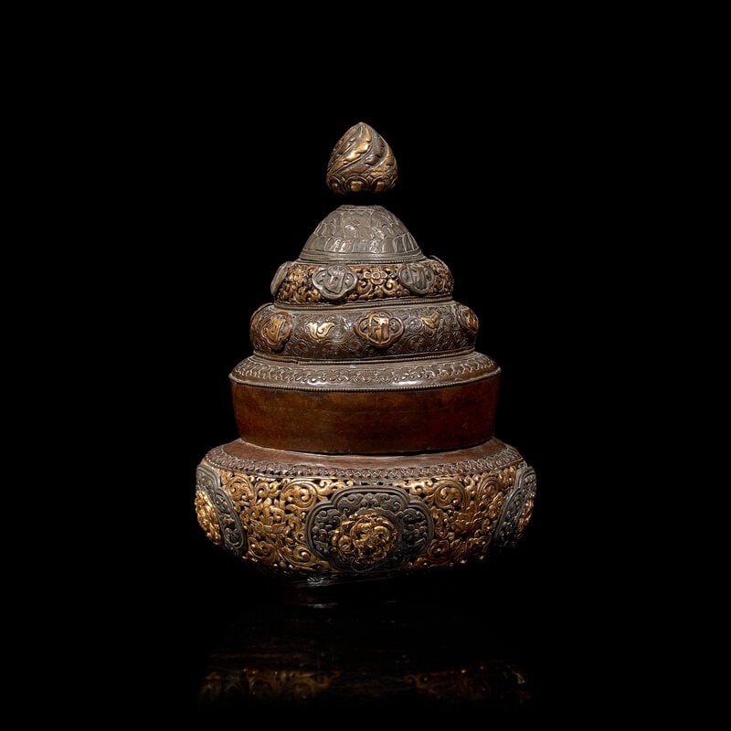 A Tibetan Silver Mounted and Parcel Gilt Copper Reticulated Censer and Cover 西藏嵌 (1 of 4)