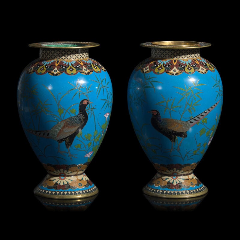 A Pair of Japanese Turquoise Ground Cloisonné 'Pheasant' Vases, Meiji Period (1 of 4)