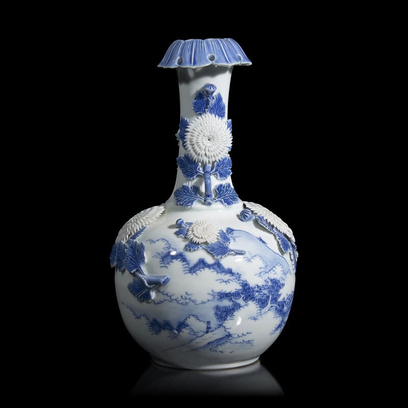 A Japanese Hirado Blue and White "Chrysanthemums" Vase, Late Edo to Meiji Period (1 of 4)