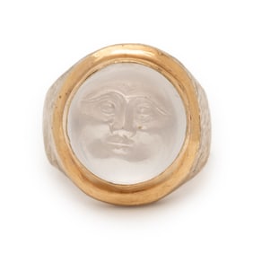 CARVED MOONSTONE AND YELLOW GOLD 'MAN IN THE MOON' RING