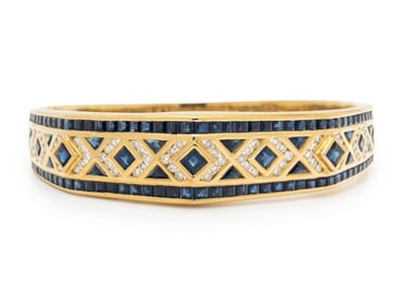 LEVIAN, YELLOW GOLD, SAPPHIRE, AND DIAMOND BANGLE BRACELET