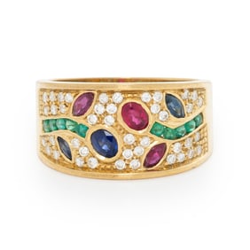 DIAMOND, RUBY, SAPPHIRE, EMERALD, AND YELLOW GOLD RING