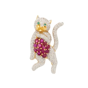 DIAMOND, RUBY, AND BICOLOR GOLD CAT BROOCH