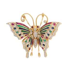 DIAMOND, MULTIGEM, AND YELLOW GOLD ARTICULATED BUTTERFLY BROOCH