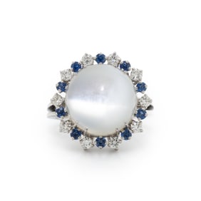 CAT'S EYE MOONSTONE, DIAMOND, AND SAPPHIRE RING