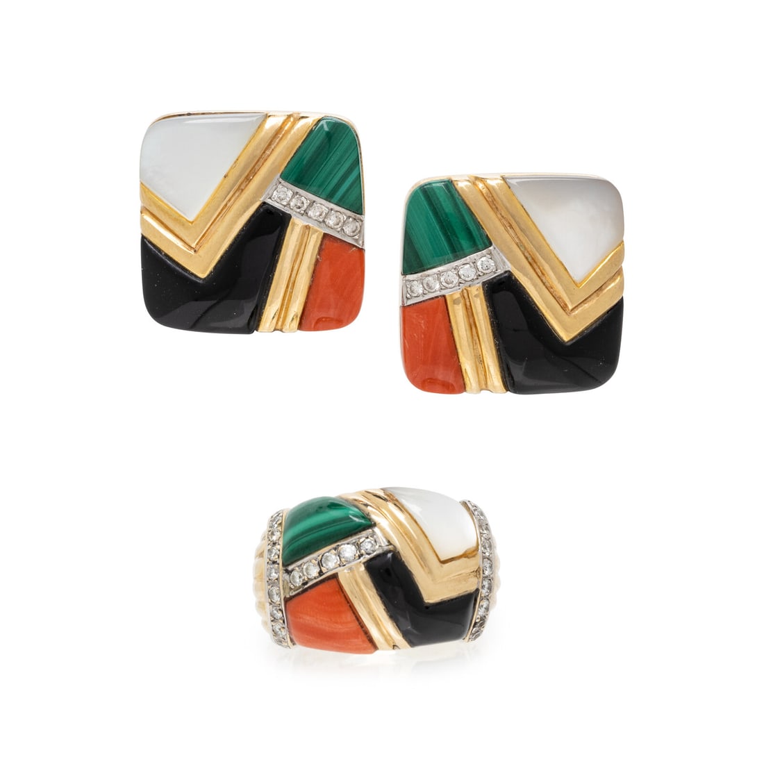 ASCH GROSSBARDT, MULTIGEM AND DIAMOND EARRINGS AND RING: ASCH GROSSBARDT, MULTIGEM AND DIAMOND EARRINGS AND RING Onyx, mother-of-pearl, coral, malachite, and round diamonds weighing approximately 0.75 carat total. 14 karat yellow and white gold. Earrings: 3