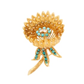 WALLACH, DIAMOND, TURQUOISE, AND YELLOW GOLD FLOWER BROOCH