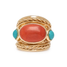 CORAL, TURQUOISE, AND YELLOW GOLD RING
