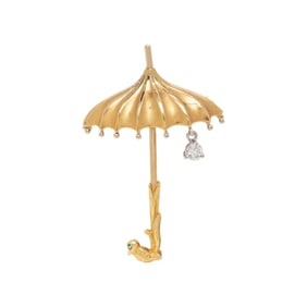 TISHMAN & LIPP, WHIMISCAL DIAMOND AND YELLOW GOLD UMBRELLA BROOCH