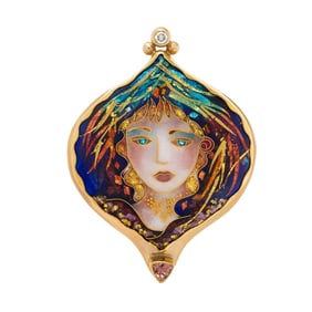ALEXA & PETER SMARSH, ENAMEL AND YELLOW GOLD 'TROPICAL LADY' PENDANT BROOCH