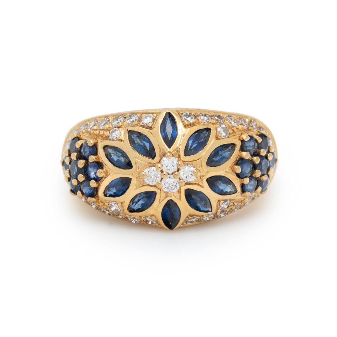 SAPPHIRE, DIAMOND, AND YELLOW GOLD FLOWER RING (1 of 3)