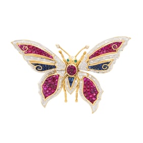DIAMOND, SYNTHETIC RUBY, AND SYNTHETIC SAPPHIRE ARTICULATED BUTTERFLY BROOCH