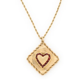 YELLOW GOLD AND GARNET HEART LOCKET NECKLACE