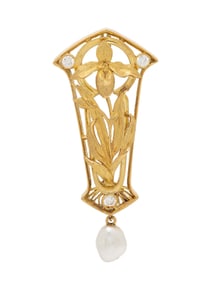 SEVEN FINGERS, YELLOW GOLD, DIAMOND, AND CULTURED PEARL ORCHID BROOCH