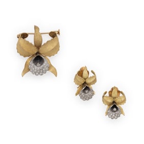 BICOLOR GOLD AND DIAMOND ORCHID BROOCH AND EARRINGS SET