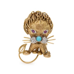 GOLD, DIAMOND, TURQUOISE, AND RUBY LION BROOCH