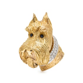 YELLOW GOLD AND DIAMOND SCHNAUZER DOG PENDANT BROOCH