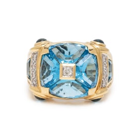 YELLOW GOLD, BLUE TOPAZ, AND DIAMOND RING