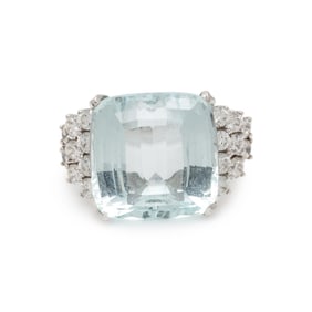 AQUAMARINE, DIAMOND, AND WHITE GOLD RING