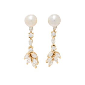 YELLOW GOLD AND CULTURED PEARL STUD EARRINGS WITH DIAMOND JACKETS