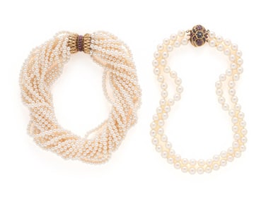 TWO CULTURED PEARL NECKLACES WITH GEMSTONE CLASPS