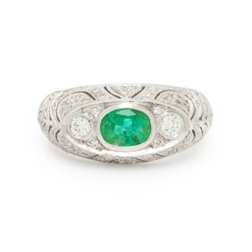 LEVIAN, EMERALD, DIAMOND, AND WHITE GOLD RING