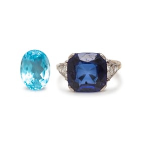 SYNTHETIC SAPPHIRE AND DIAMOND RING AND UNMOUNTED BLUE TOPAZ