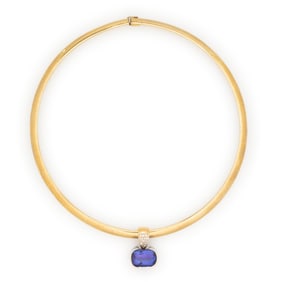 TANZANITE AND DIAMOND PENDANT ON YELLOW GOLD OMEGA CHAIN
