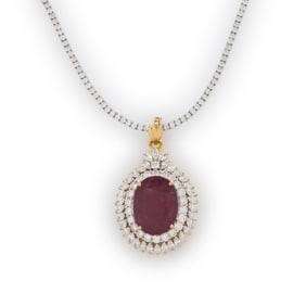 DIAMOND LINE NECKLACE WITH DIAMOND AND GLASS-FILLED RUBY PENDANT BROOCH