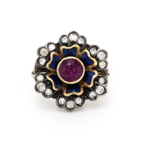 PINK SAPPHIRE, DIAMOND, AND ENAMEL FLOWER RING