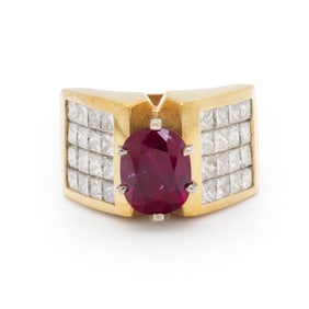 RUBY, DIAMOND, AND YELLOW GOLD RING