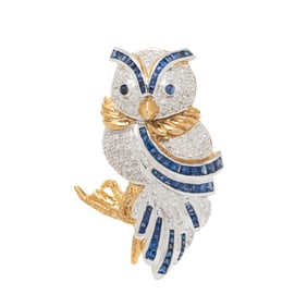 DIAMOND, SAPPHIRE, AND BICOLOR GOLD OWL BROOCH