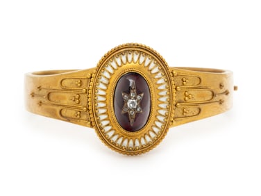 VICTORIAN, YELLOW GOLD, GARNET, DIAMOND, AND ENAMEL BANGLE BRACELET