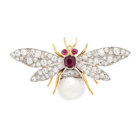 VICTORIAN, DIAMOND, CULTURED PEARL, AND RUBY INSECT BROOCH