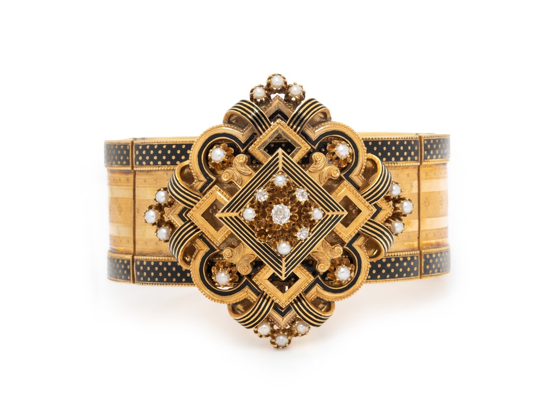 FRENCH, VICTORIAN, ENAMEL, SEED PEARL, DIAMOND, AND YELLOW GOLD BRACELET: FRENCH, VICTORIAN, ENAMEL, SEED PEARL, DIAMOND, AND YELLOW GOLD BRACELET Seed pearls, old mine cut diamonds, and black enamel. 18 karat yellow gold. 6 1/2 inches inner circumference. Stamp: (French as