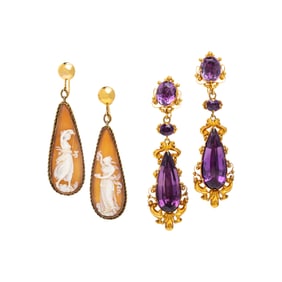 GEORGIAN, CAMEO, AMETHYST, AND LOW KARAT GOLD EARRINGS