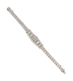 ART DECO, DIAMOND, EMERALD, AND PLATINUM BRACELET
