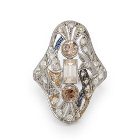 COLORED DIAMOND, DIAMOND, AND SYNTHETIC SAPPHIRE NAVETTE RING