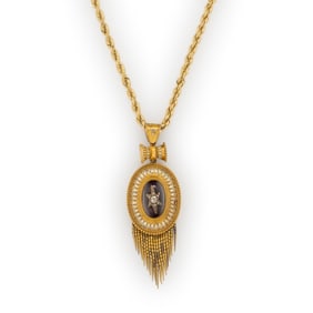 VICTORIAN, GOLD, GARNET, ENAMEL AND DIAMOND PENDANT ON LATER CHAIN