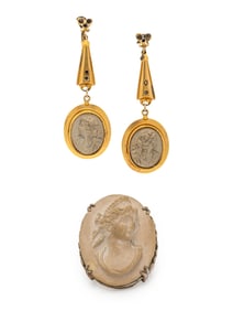 COLLECTION OF YELLOW GOLD AND LAVA CAMEO JEWELRY