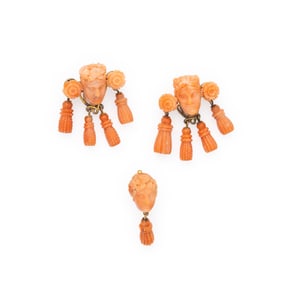 COLLECTION OF CARVED CORAL AND YELLOW GOLD JEWELRY