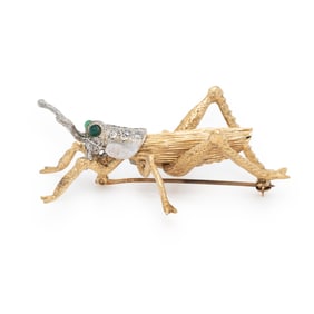 BICOLOR GOLD, DIAMOND, AND CHRYSOPRASE GRASSHOPPER BROOCH